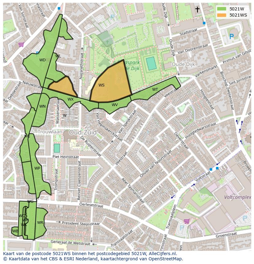 Afbeelding van het postcodegebied 5021 WS op de kaart.
