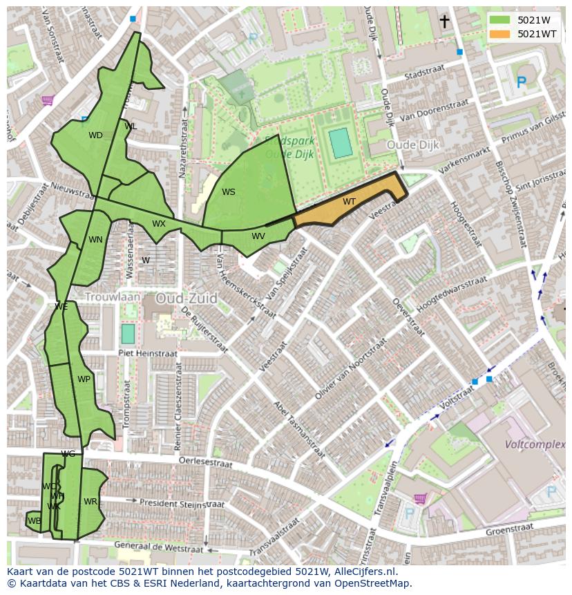 Afbeelding van het postcodegebied 5021 WT op de kaart.