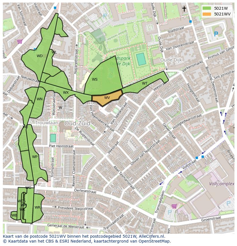 Afbeelding van het postcodegebied 5021 WV op de kaart.