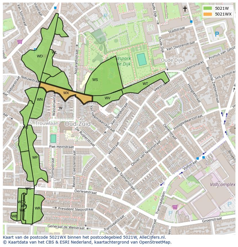 Afbeelding van het postcodegebied 5021 WX op de kaart.