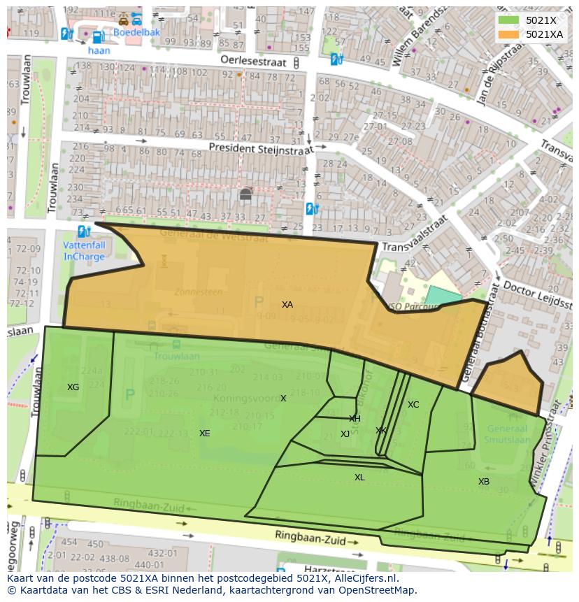 Afbeelding van het postcodegebied 5021 XA op de kaart.