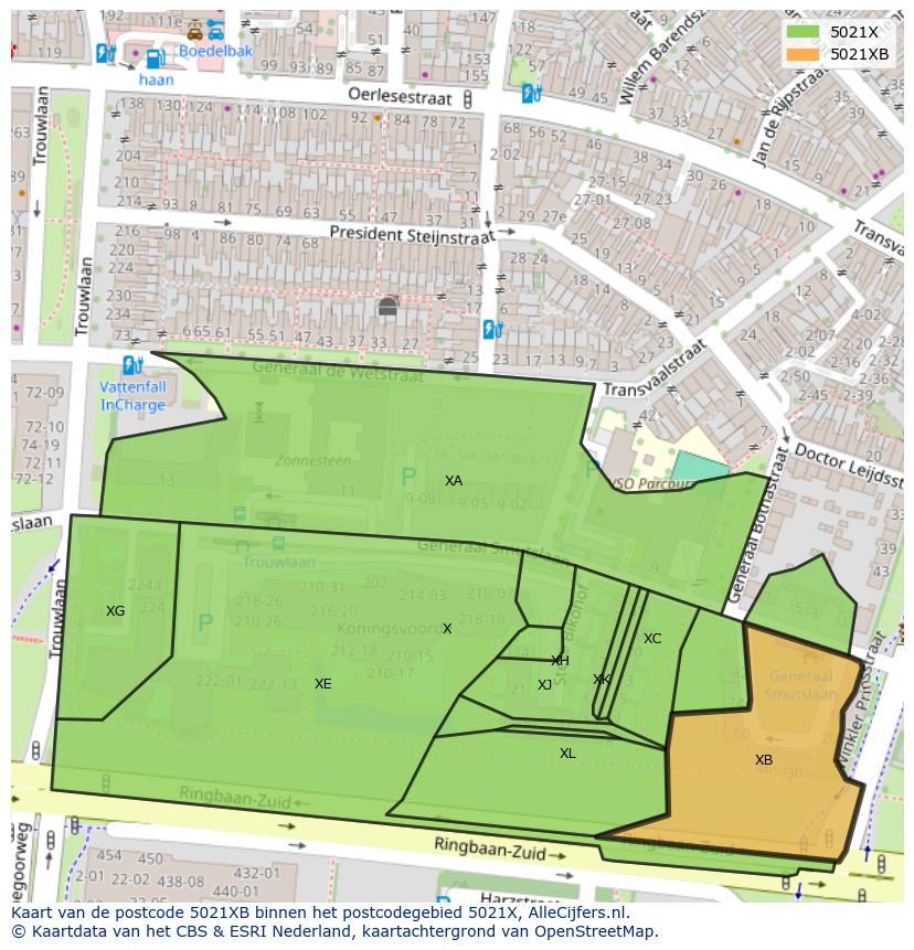 Afbeelding van het postcodegebied 5021 XB op de kaart.