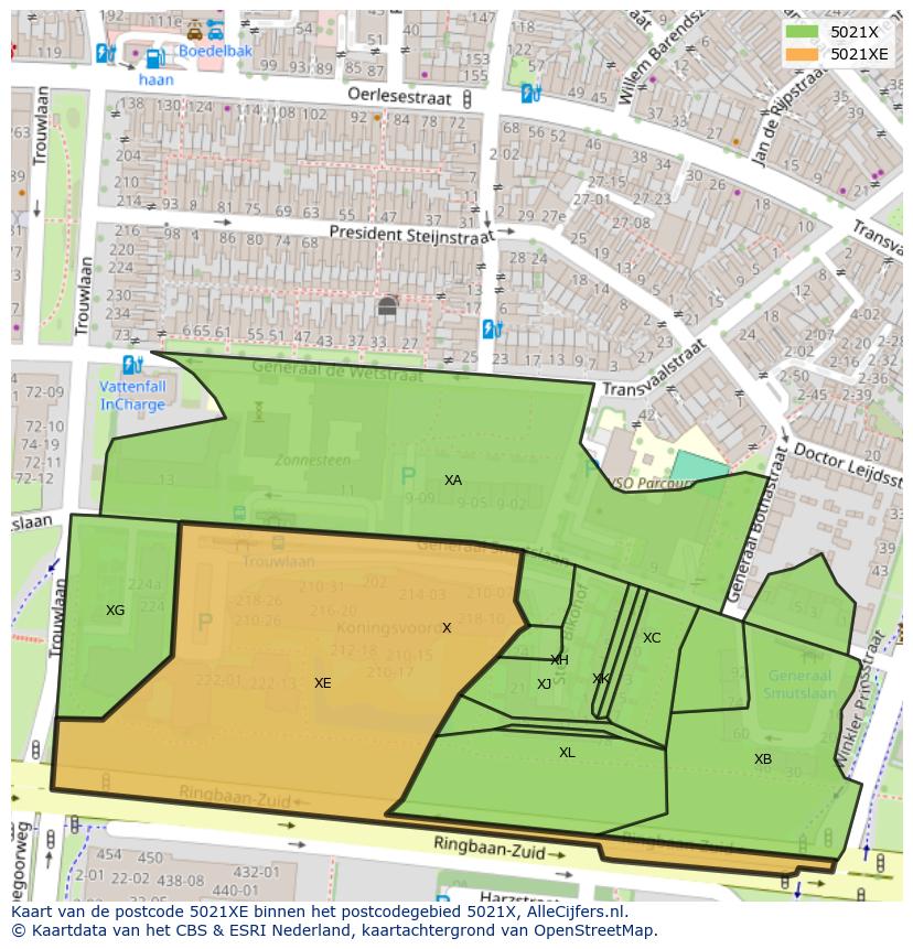 Afbeelding van het postcodegebied 5021 XE op de kaart.