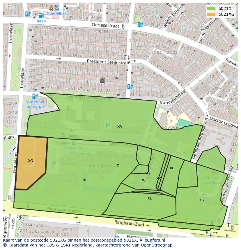 Afbeelding van het postcodegebied 5021 XG op de kaart.
