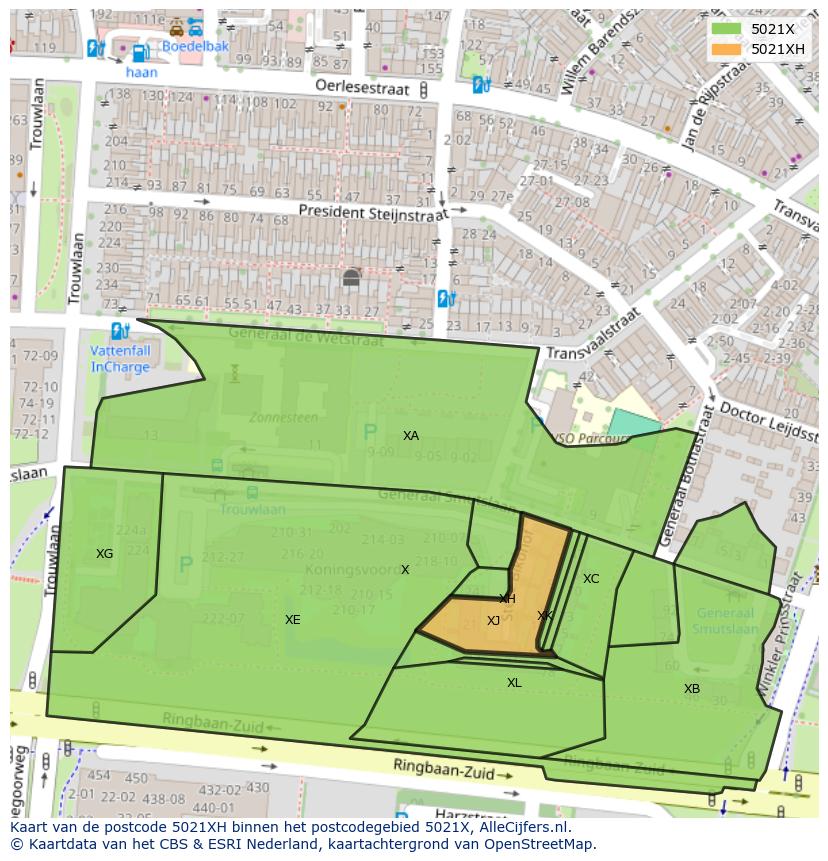 Afbeelding van het postcodegebied 5021 XH op de kaart.