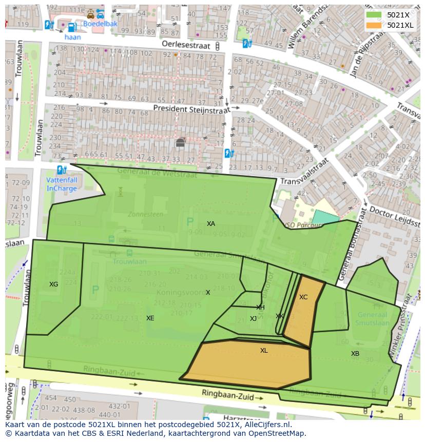 Afbeelding van het postcodegebied 5021 XL op de kaart.