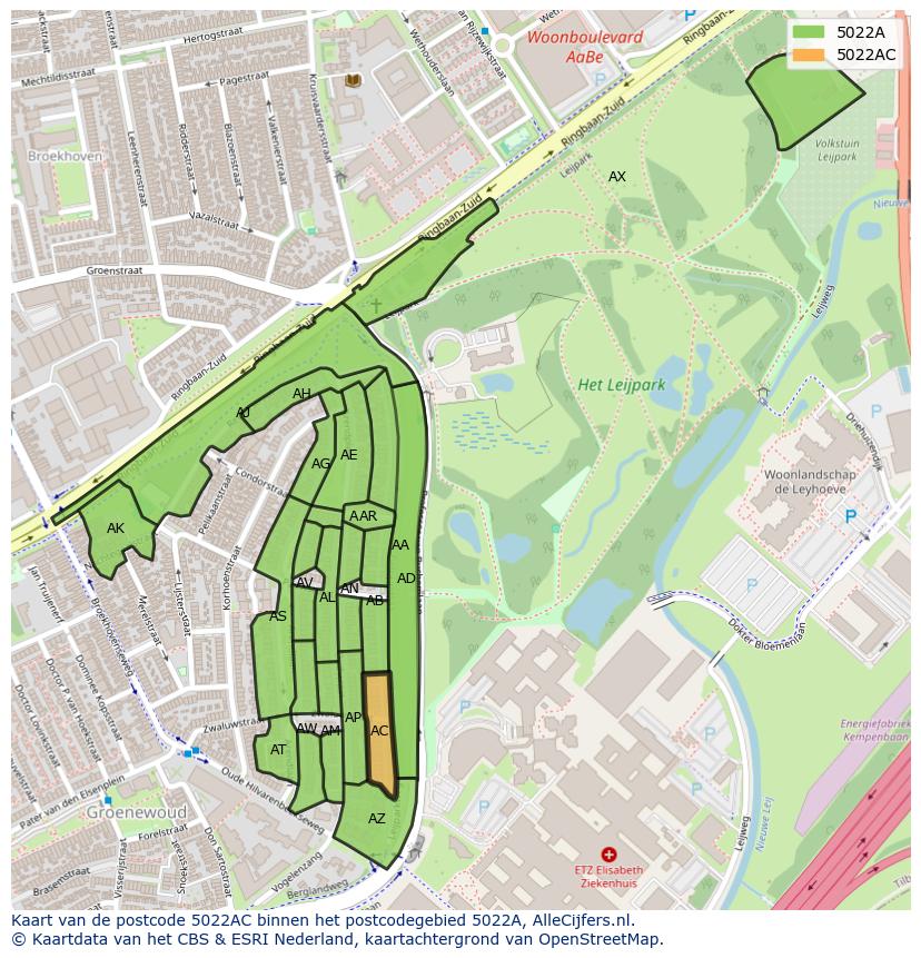 Afbeelding van het postcodegebied 5022 AC op de kaart.