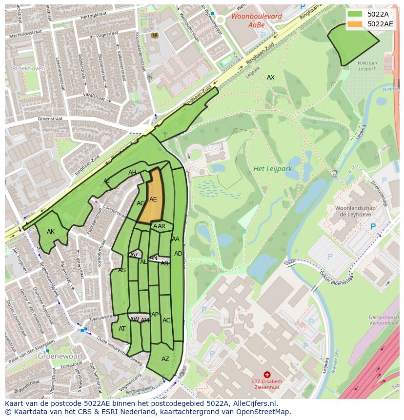Afbeelding van het postcodegebied 5022 AE op de kaart.