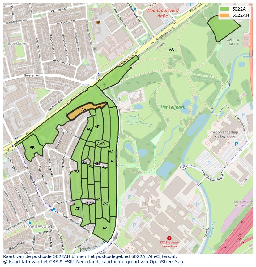 Afbeelding van het postcodegebied 5022 AH op de kaart.