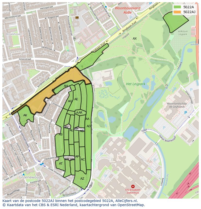 Afbeelding van het postcodegebied 5022 AJ op de kaart.