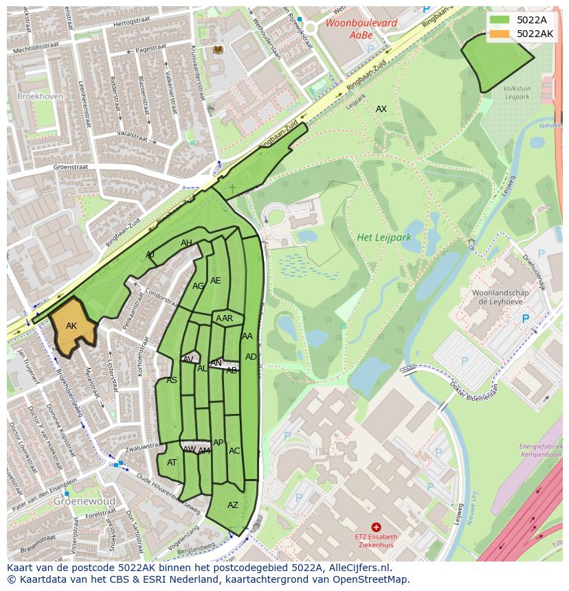 Afbeelding van het postcodegebied 5022 AK op de kaart.
