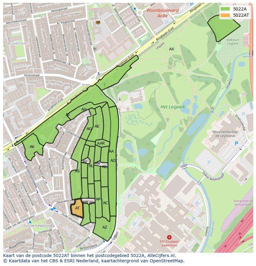 Afbeelding van het postcodegebied 5022 AT op de kaart.