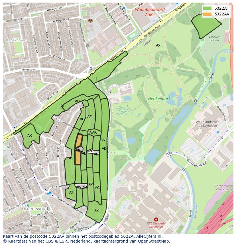 Afbeelding van het postcodegebied 5022 AV op de kaart.