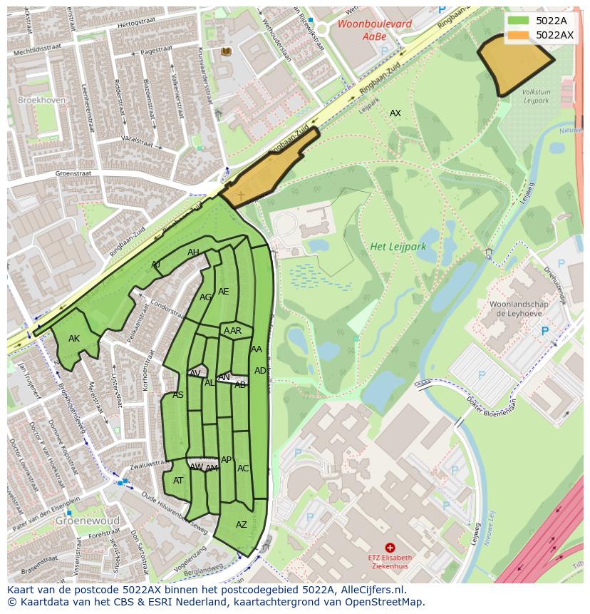 Afbeelding van het postcodegebied 5022 AX op de kaart.