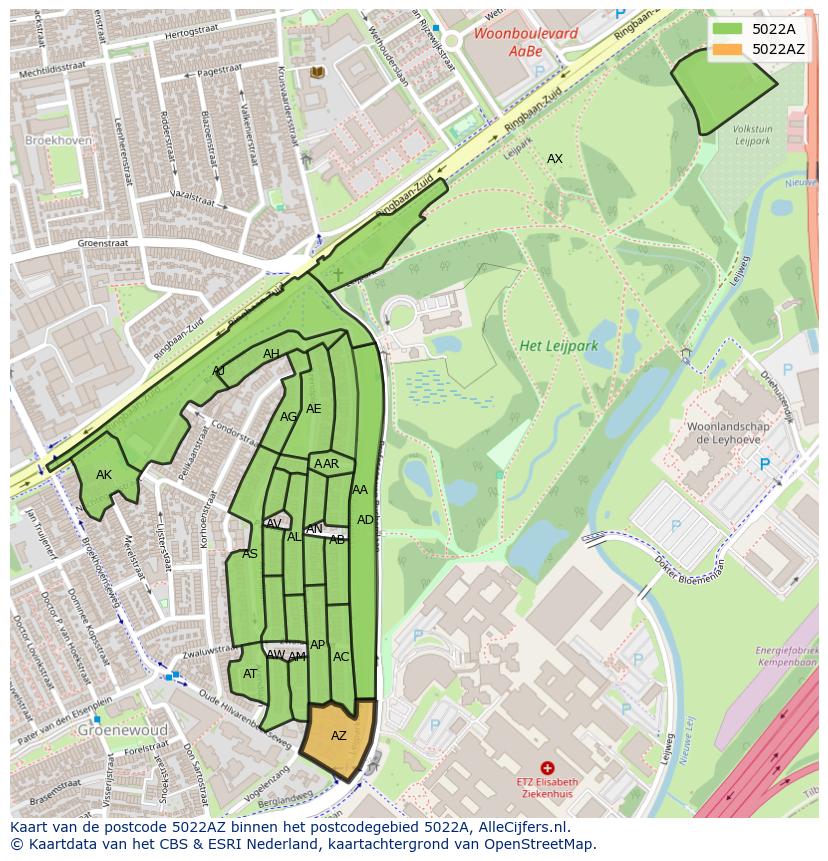 Afbeelding van het postcodegebied 5022 AZ op de kaart.