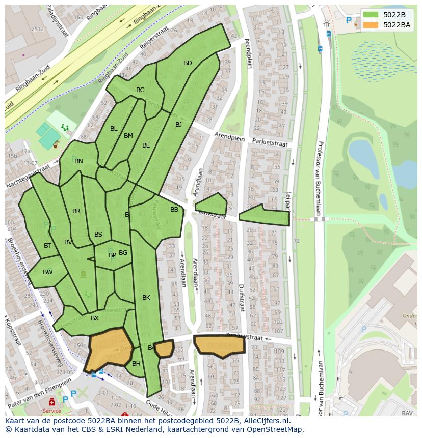 Afbeelding van het postcodegebied 5022 BA op de kaart.