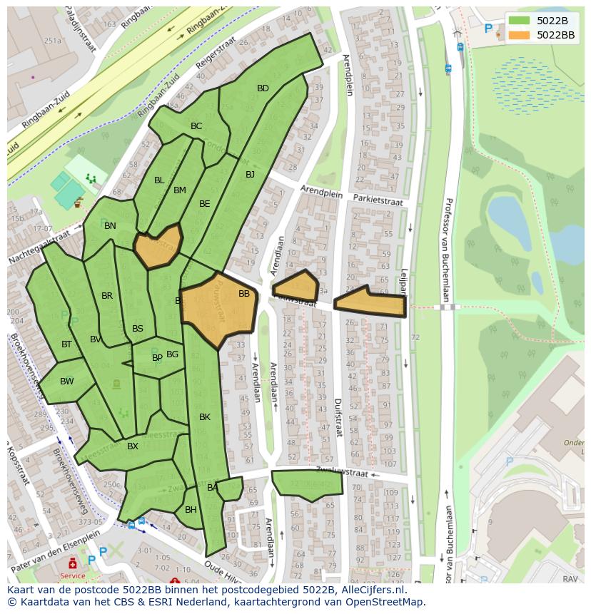 Afbeelding van het postcodegebied 5022 BB op de kaart.