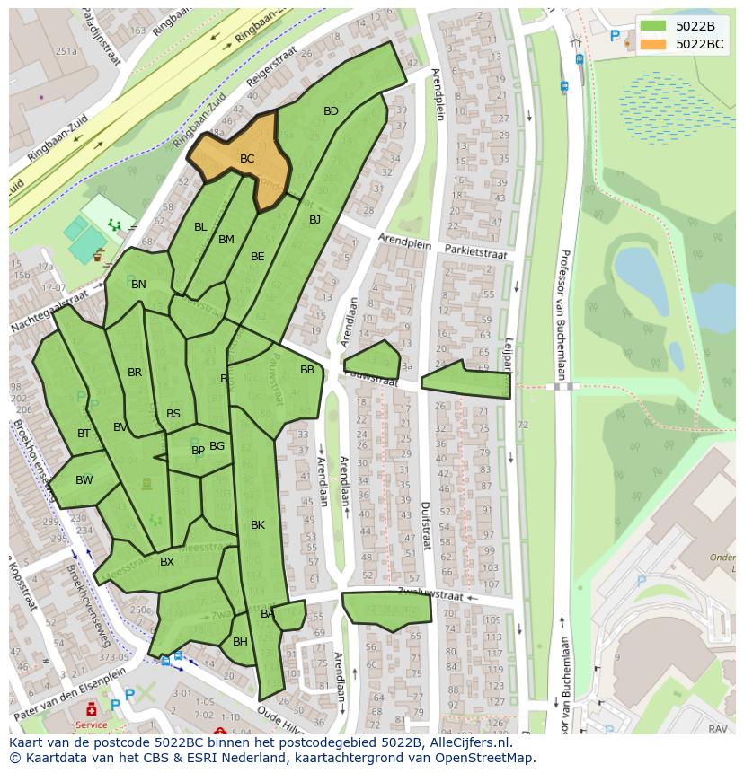 Afbeelding van het postcodegebied 5022 BC op de kaart.