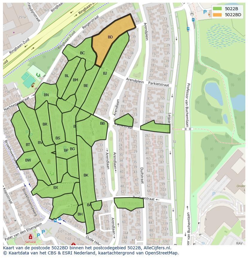 Afbeelding van het postcodegebied 5022 BD op de kaart.