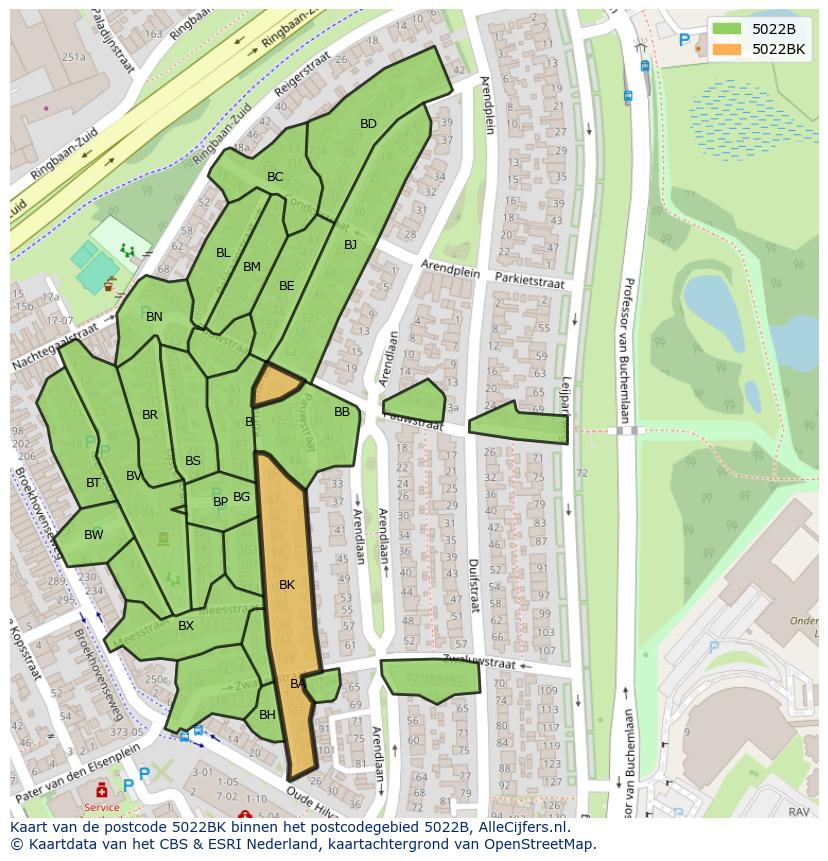 Afbeelding van het postcodegebied 5022 BK op de kaart.