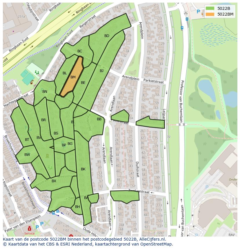 Afbeelding van het postcodegebied 5022 BM op de kaart.