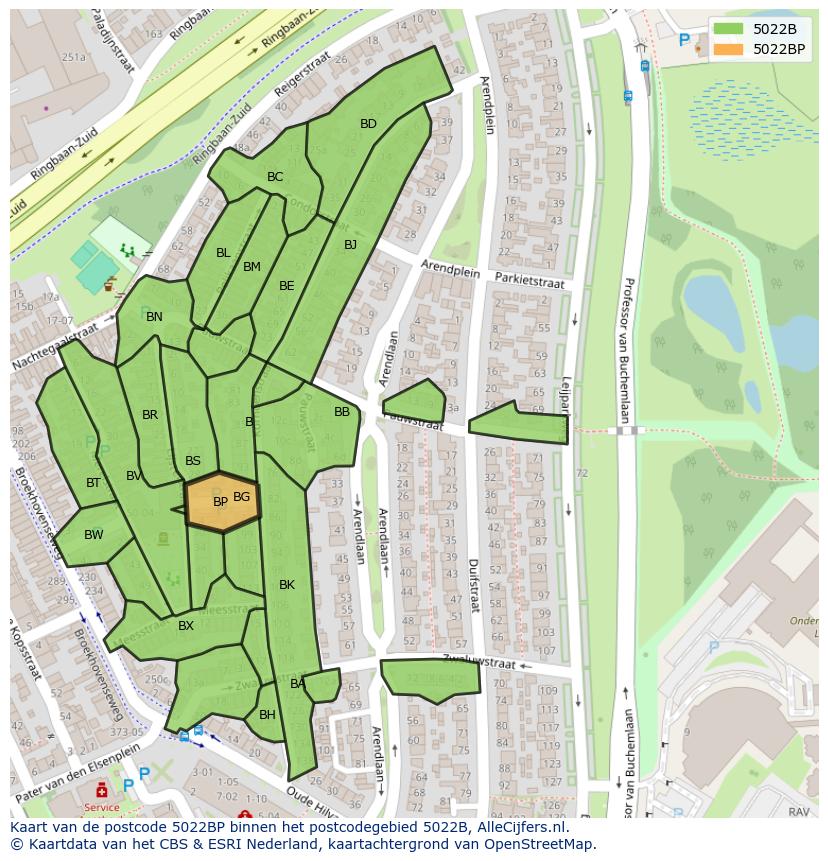 Afbeelding van het postcodegebied 5022 BP op de kaart.