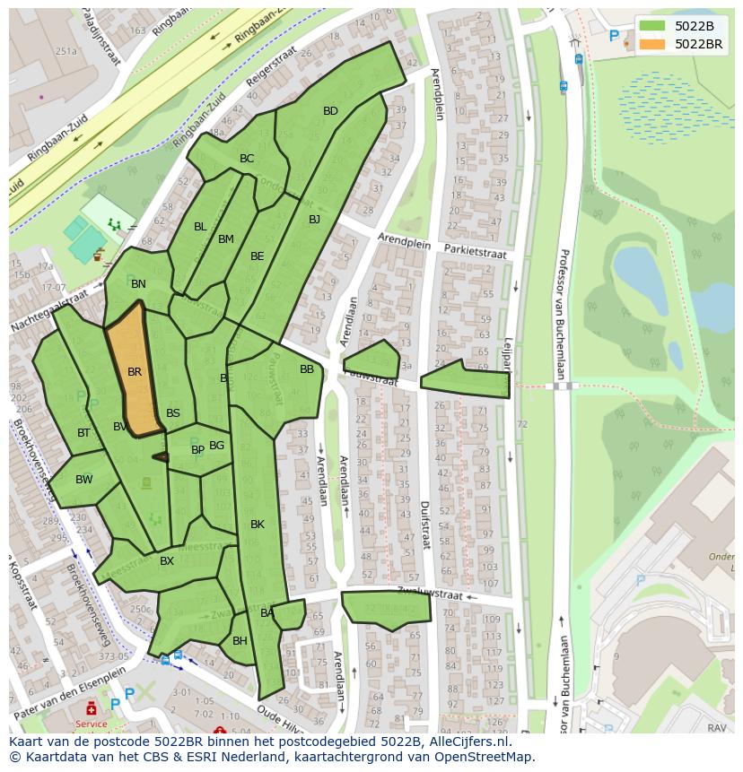 Afbeelding van het postcodegebied 5022 BR op de kaart.