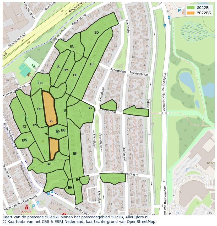 Afbeelding van het postcodegebied 5022 BS op de kaart.