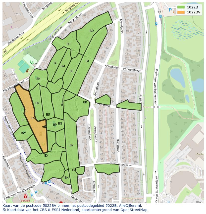 Afbeelding van het postcodegebied 5022 BV op de kaart.