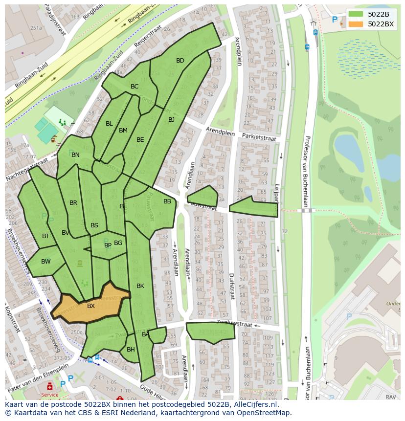 Afbeelding van het postcodegebied 5022 BX op de kaart.