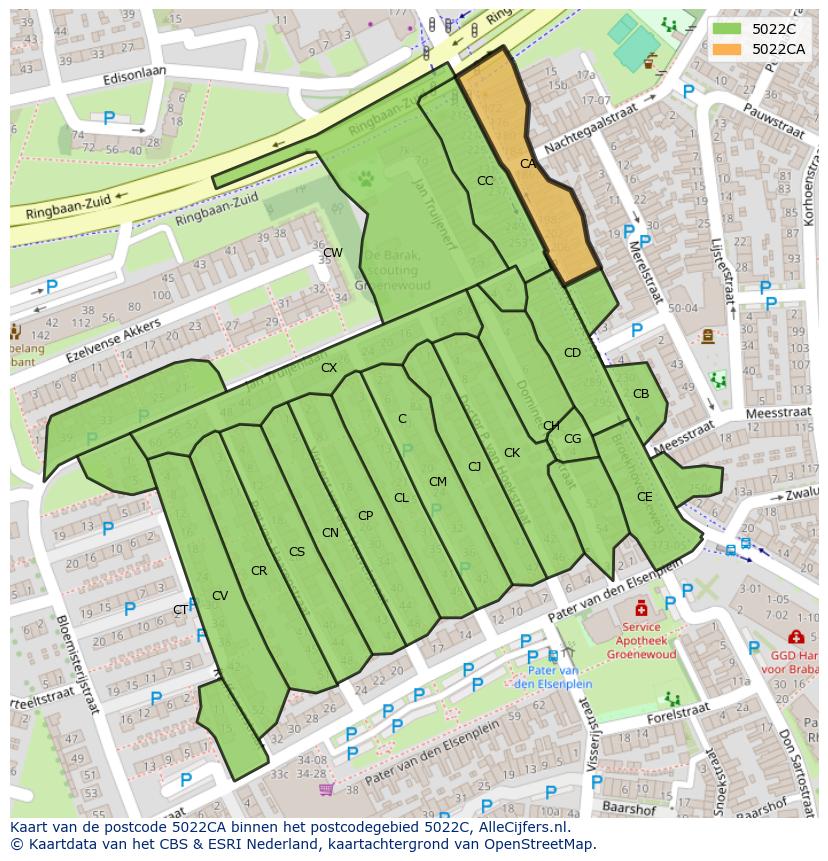 Afbeelding van het postcodegebied 5022 CA op de kaart.