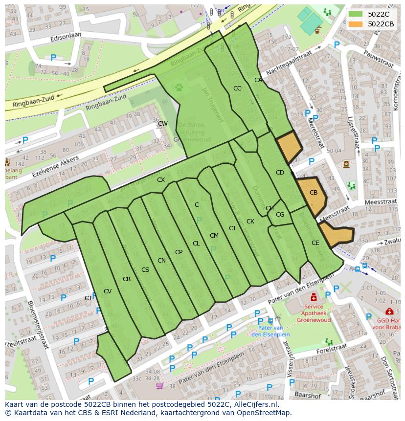 Afbeelding van het postcodegebied 5022 CB op de kaart.