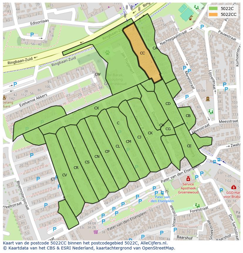 Afbeelding van het postcodegebied 5022 CC op de kaart.