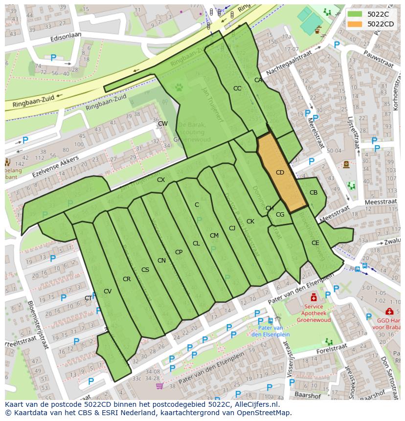 Afbeelding van het postcodegebied 5022 CD op de kaart.