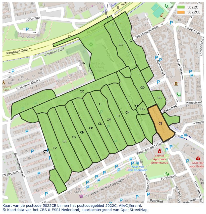 Afbeelding van het postcodegebied 5022 CE op de kaart.
