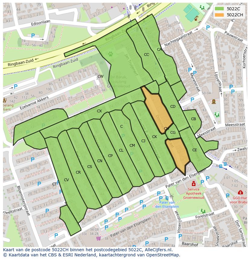 Afbeelding van het postcodegebied 5022 CH op de kaart.
