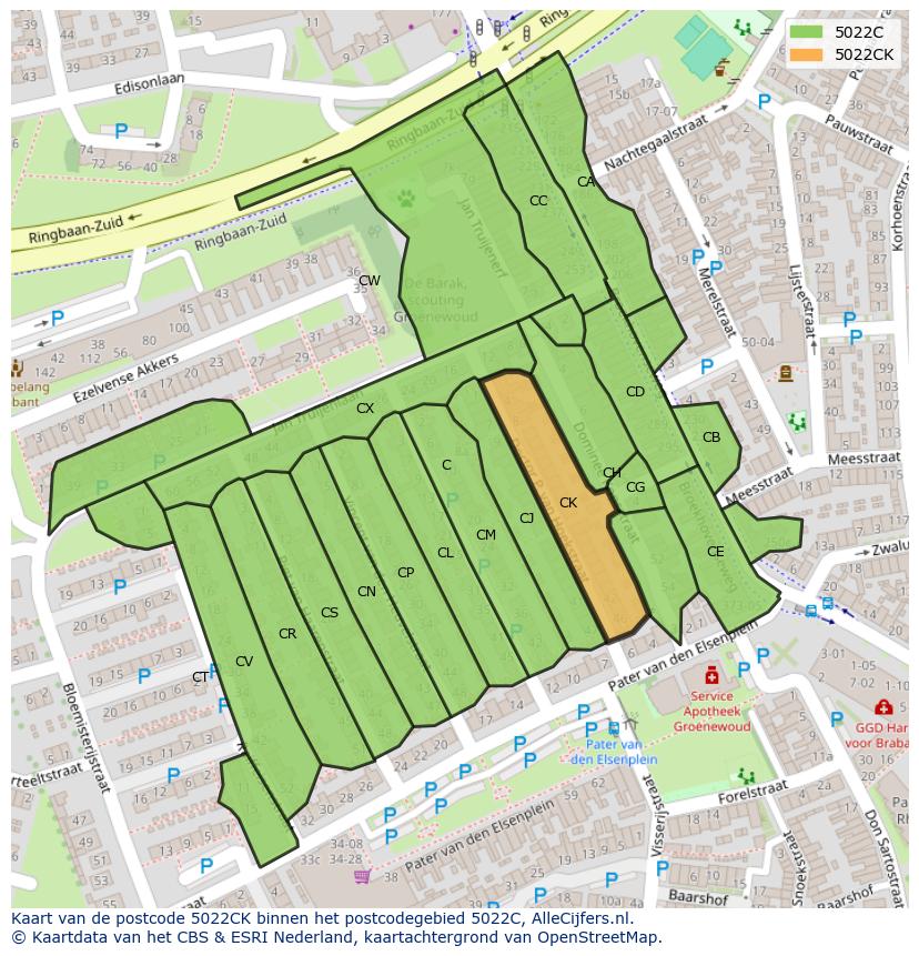 Afbeelding van het postcodegebied 5022 CK op de kaart.