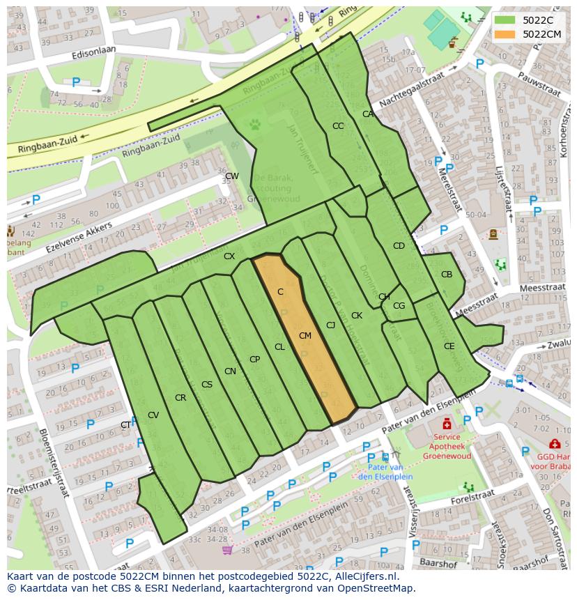 Afbeelding van het postcodegebied 5022 CM op de kaart.