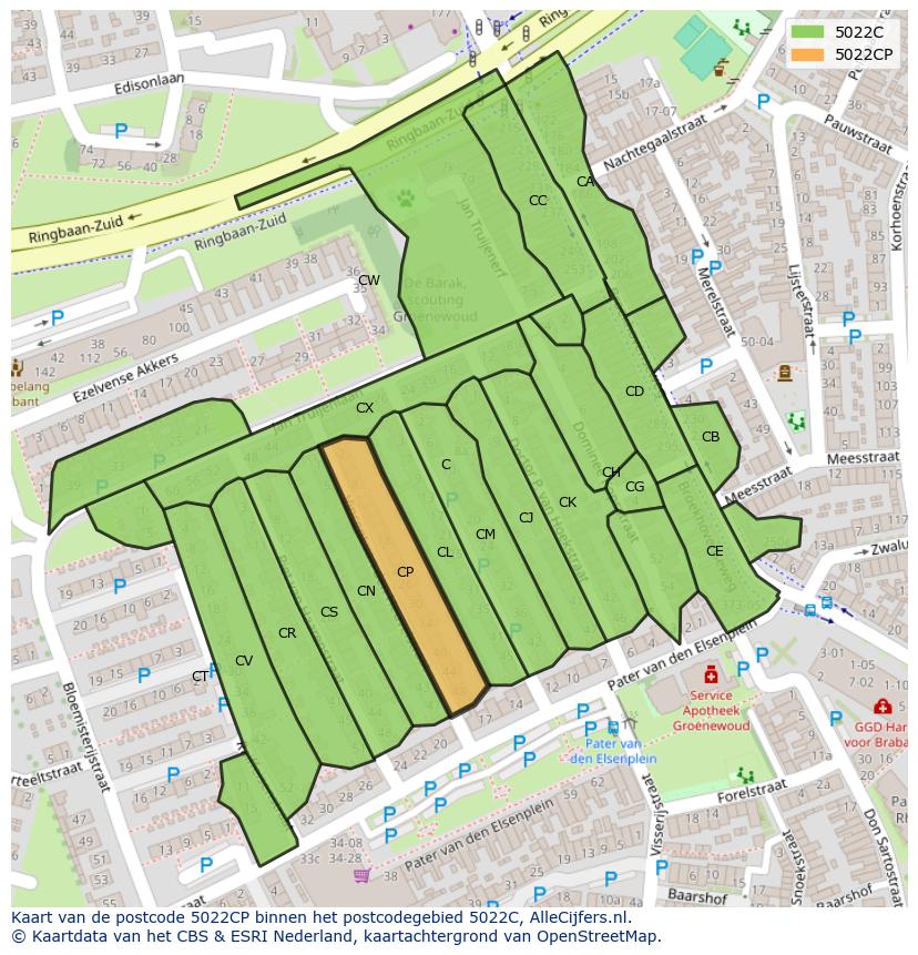 Afbeelding van het postcodegebied 5022 CP op de kaart.
