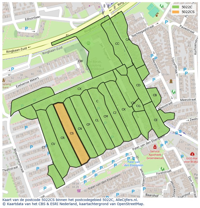 Afbeelding van het postcodegebied 5022 CS op de kaart.