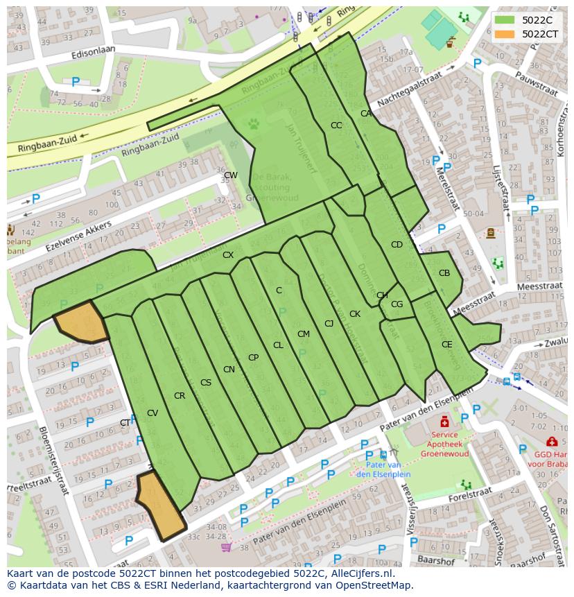 Afbeelding van het postcodegebied 5022 CT op de kaart.