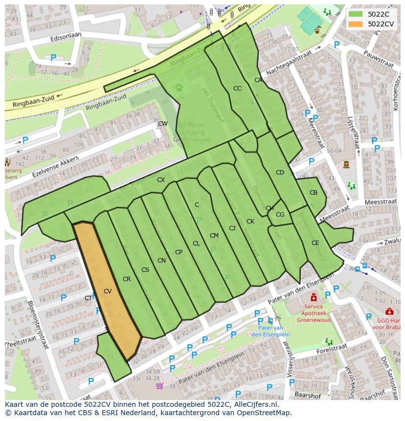 Afbeelding van het postcodegebied 5022 CV op de kaart.