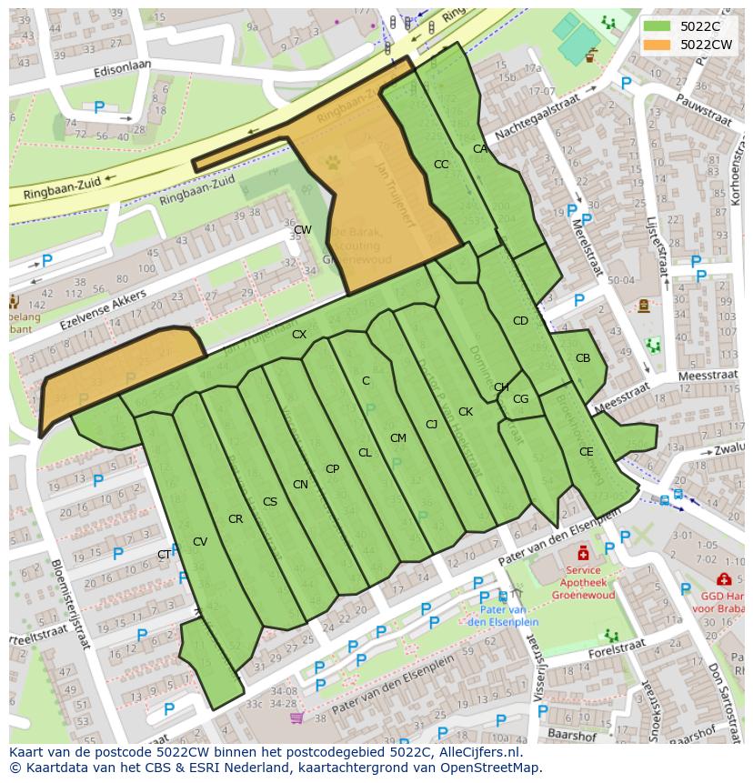 Afbeelding van het postcodegebied 5022 CW op de kaart.