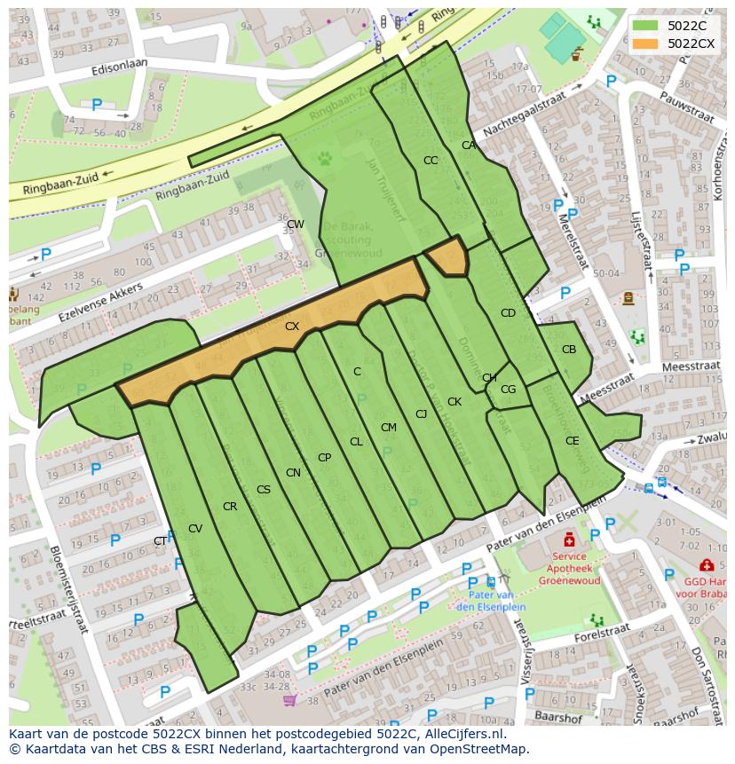 Afbeelding van het postcodegebied 5022 CX op de kaart.