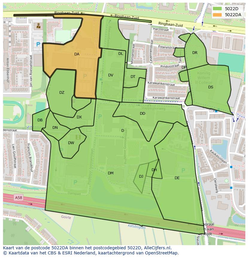 Afbeelding van het postcodegebied 5022 DA op de kaart.