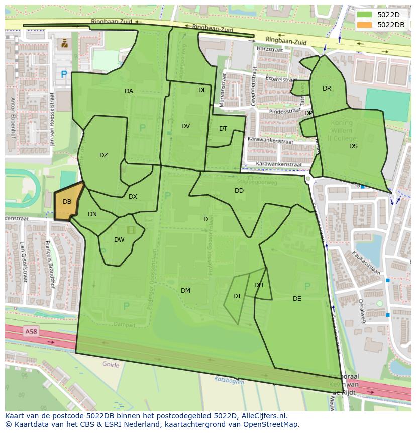 Afbeelding van het postcodegebied 5022 DB op de kaart.