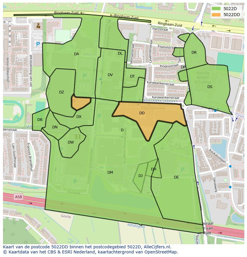 Afbeelding van het postcodegebied 5022 DD op de kaart.