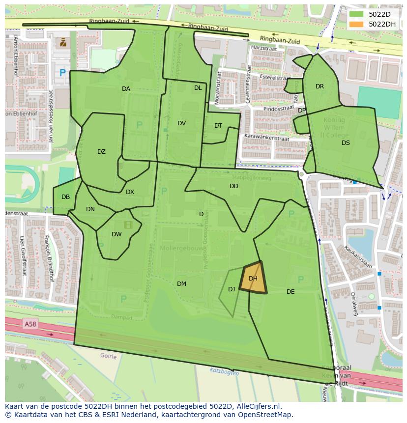 Afbeelding van het postcodegebied 5022 DH op de kaart.