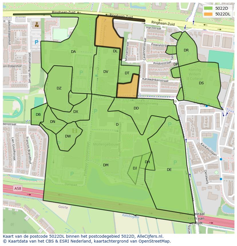 Afbeelding van het postcodegebied 5022 DL op de kaart.