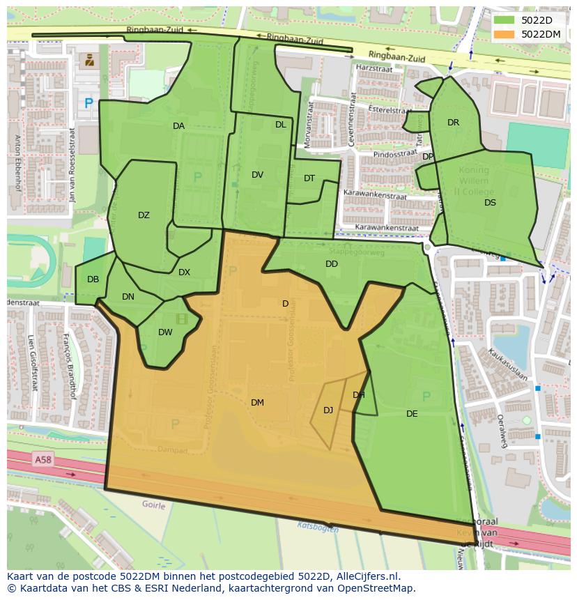 Afbeelding van het postcodegebied 5022 DM op de kaart.